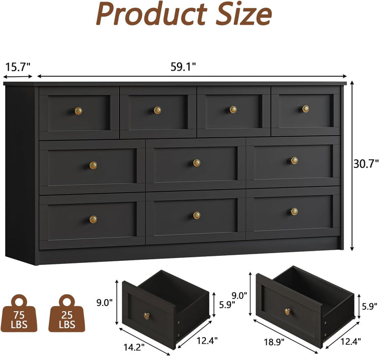 59" Wide Black 10 Drawer Dresser for Bedroom with Gold Metal Handle