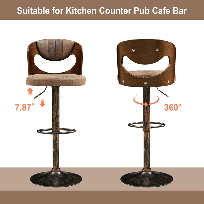 Barstools Set of 4,Kitchen Island Stools with Bentwood Back,Arm&Footrest,Counter Height Bar Chairs PU Leather Cushion Seat Adjustable Height 360°Swivel,Island Chairs for Club Pub,Rustic Brown
