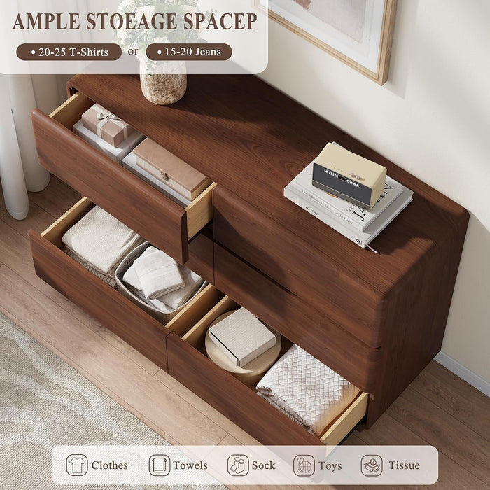 Walnut 6 Drawer Dresser for Bedroom, 47" Wide Chest of Drawers