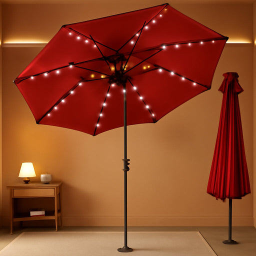9FT Solar Umbrella Outdoor - Lighted Solar Patio Umbrella with 40 LED Lights Waterproof UV Protection, Table Umbrella with Tilt for Pool, Porch, Garden, Deck, Backyard (Red)