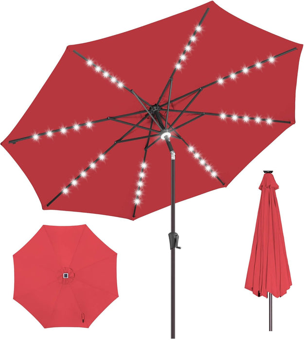 9FT Solar Umbrella Outdoor - Lighted Solar Patio Umbrella with 40 LED Lights Waterproof UV Protection, Table Umbrella with Tilt for Pool, Porch, Garden, Deck, Backyard (Red)