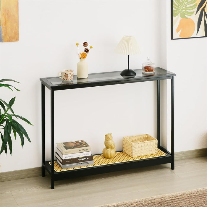 Bamboo Narrow Console Table, 39.4"(L) Wood Small Entryway Table with Rattan and Glass, Accent Slim Hallway Tables, Thin Sofa Side Tables for Hallway, Living Room, Bedroom, Foyer, Black