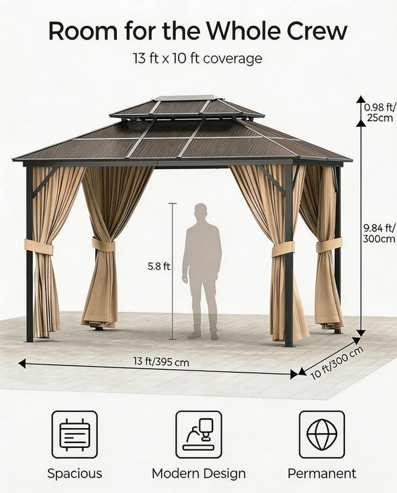 10' X 13' Aluminum Hardtop Gazebo with Double Roof, All-Weather Permanent Outdoor Canopy with Netting & Curtains for Patio, Backyard, Deck, and Lawn