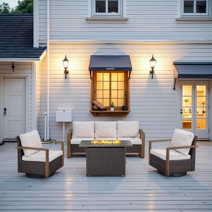 Full 4 Pieces Patio Furniture Set with 41” Propane Fire Pit Table, Outdoor Conversation Set with Swivel Glider Outdoor Chair Set of 2 and Rattan Sofa for Deck Backyard