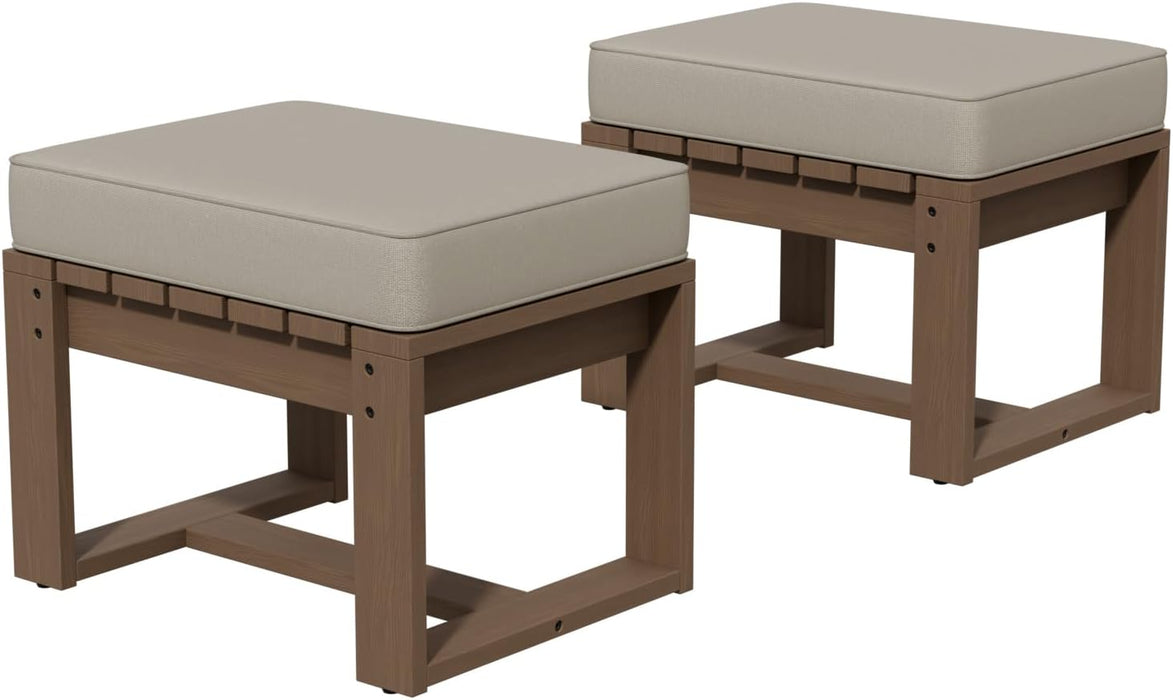 Natural Cedar Outdoor Patio Ottomans with Removable Cushions, Set of 2, Real Wood Footrests for Deck, Porch, Balcony, and Backyard, Brownish/Beige