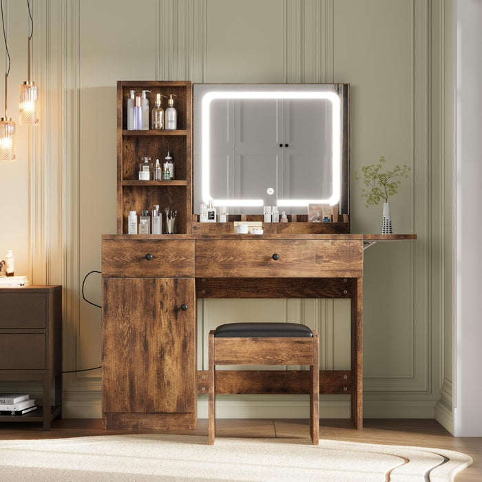 Makeup Vanity Desk with Mirror, Vanity Table with Power Outlet and Storage Chair, Modern Dressing Table with Drawers and Shelves for Bedroom, Brown