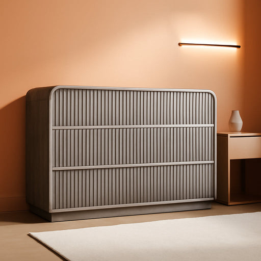 Dresser for Bedroom with 6 Drawers, Fluted Chest of Drawers with round Curved Corner, Hidden Handles, Modern Wood Storage Organizer for Bedroom, Nursery, Living Room