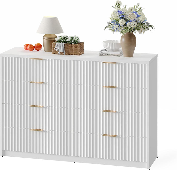 Modern Fluted 8-Drawer Dresser, Large Capacity Chest of Drawers, with Metal Handles & Anti-Tip, Wooden Storage Organizer for Bedroom, Living Room, Hallway, White
