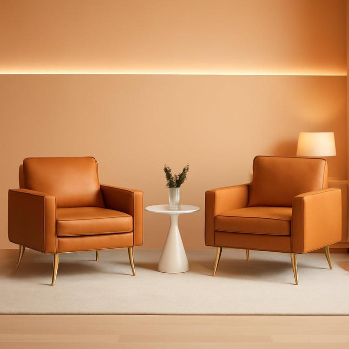 Living Room Chairs Set of 2, Brown PU Leather Accent Chair Mid Century Modern Upholstered Sofa Chairs with Arms, Gold Legs for Living Room, Bedroom, Apartment