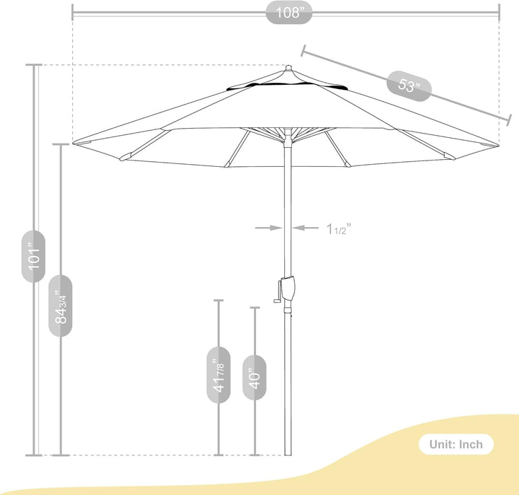 9' round Aluminum Outdoor Deck, Pool or Patio Umbrella, Crank Lift, Auto Tilt, Bronze Pole, Frost Blue Olefin