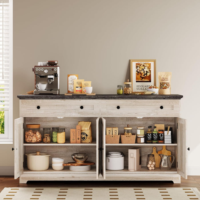 Buffet Cabinet with Storage, Sideboard Cabinet with Drawers & Doors | 2 Drawers, 4 Doors and 2 Adjustable Shelves. 59Inch Wide. Fsc-Certified Wood. Anti-Tip Device. Charcoal Grey and Beige Maple.