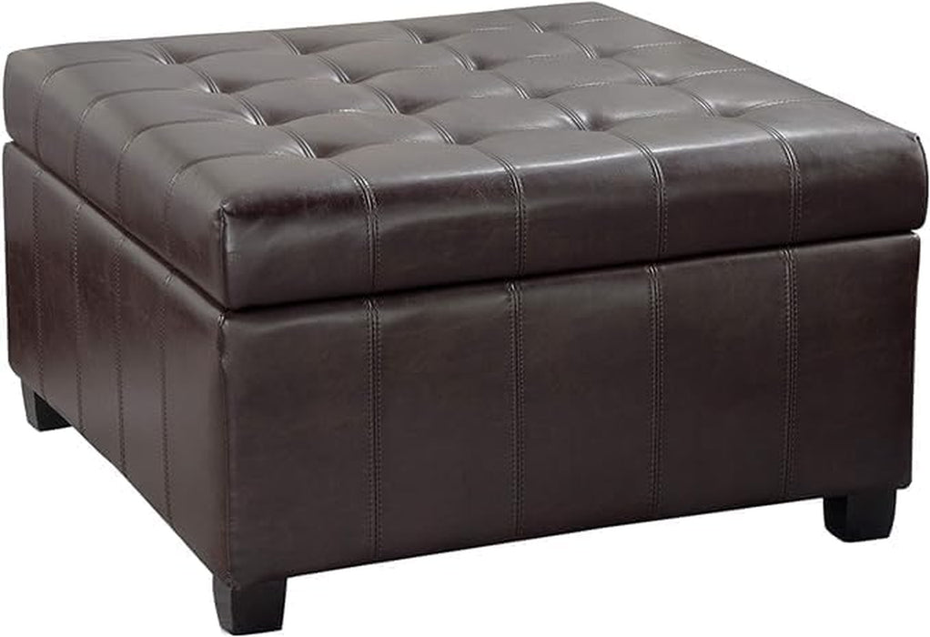 31" Square Storage Ottoman,Linen Footrest with Wooden Legs,Upholstered Button Tufted Coffee Table for Living Room,Brown