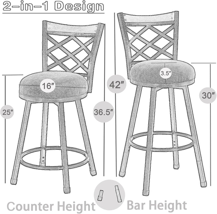 Swivel Bar Stools Set of 2, 25/30 Inch Adjustable Beige Fabric Bar Chairs with Antique Brass Frame, Mid-Century Counter Barstools with Back for Kitchen Island