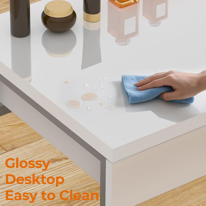 Vanity Desk with 2 Drawers,Glossy Desktop White Desk for Bedroom,Makeup Table with Storage Space,Small Desk for Home Office,39 Inch No Mirror