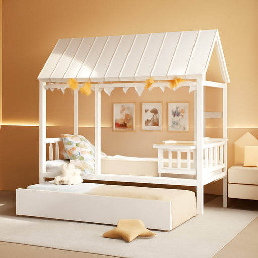 Twin House Bed with Trundle Bed Twin, Wooden Montessori Bed Frame with Roof & Safety Guardrail for Kids, Teens, Boys or Girls, No Box Spring Needed (White)