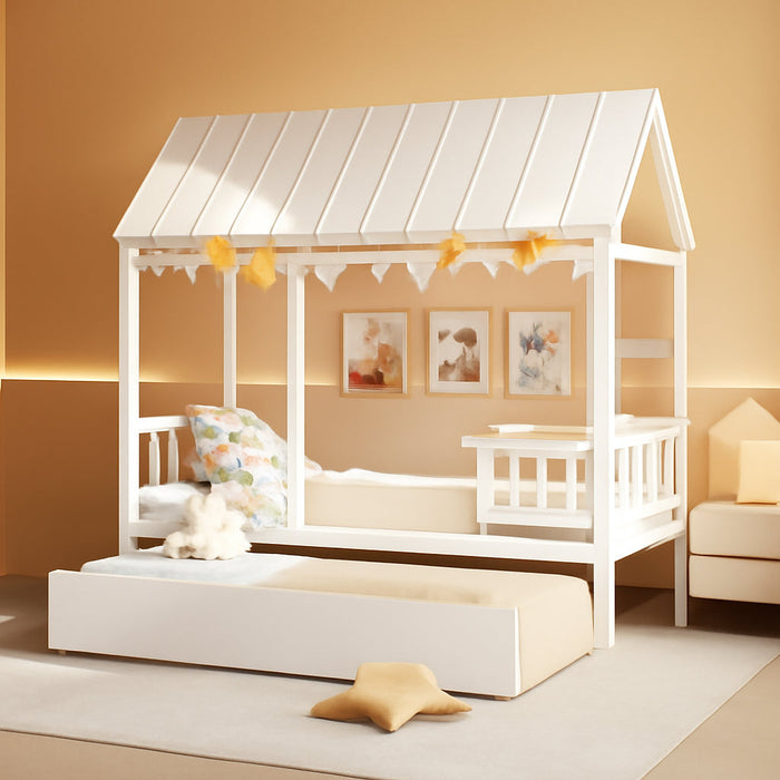 Twin House Bed with Trundle Bed Twin, Wooden Montessori Bed Frame with Roof & Safety Guardrail for Kids, Teens, Boys or Girls, No Box Spring Needed (White)