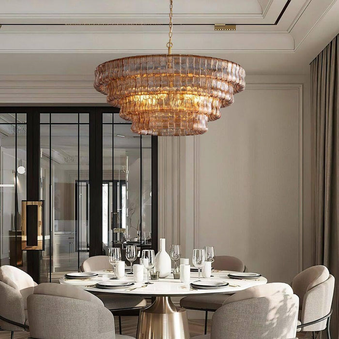 36" Smoked Gold round Drum Chandelier, 6-Light Modern Hanging Light Fixture for Dining Room, Living Room, Bedroom, Foyer