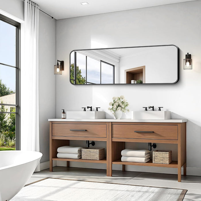 60"X20" Full Length Wall Mirror, Large Black Vanity Mirror with Rounded Corner & Metal Frame, Modern Design for Bathroom, Living Room, Entryway, Hang Horizontal/Vertical