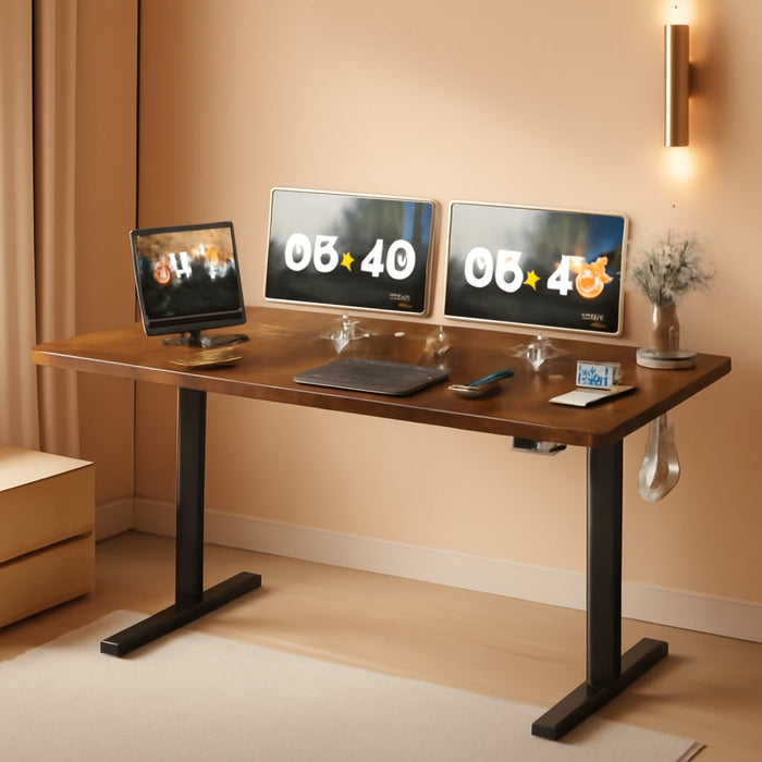 Electric Height Adjustable Standing Desk Large 55 X 24 Inches Sit Stand up Desk Home Office Computer Desk Memory Preset with T-Shaped Metal Bracke, Brown