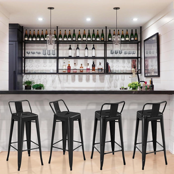 30 Inch Metal Bar Stools Set of 4 Bar Height Barstools Kitchen Chair Industrial Bar Stools with Low Back for Indoor Outdoor Use Matte Black