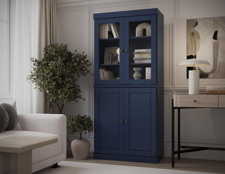 Solid Wood Bookcase - 6-Tier Bookshelf, 71.5” H X 32” W - Navy Blue, Clear Glass Doors & Storage Cabinet, Tall Bookcase for Living Room, 100% Renewable Eco-Friendly Wood, Made in Brazil