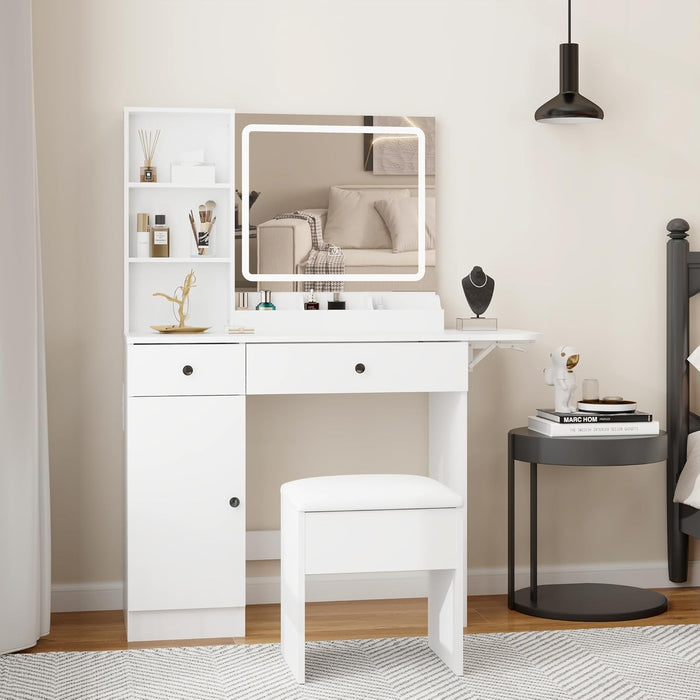 Vanity Desk Set with Mirror and LED Lights, Makeup Table with 2 Drawers & 1 Cabinet, Power Outlet, Storage Cushioned Stool, Dressing Table for Bedroom (White)