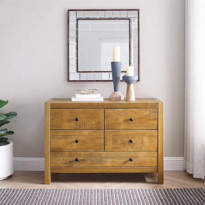 Rustic Oak Finish FiveDrawer Dresser With RoundKnobs