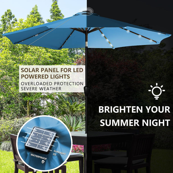 9' round Patio Umbrella with 32 Solar Powered LED Lights, Push-Button Tilt and Hand Crank Lift, Solar Umbrella in Teal for Porch, Deck, and Patio by
