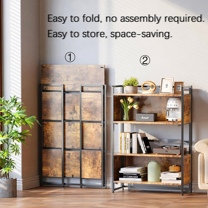 No Assembly 4 Tiers Folding Bookshelf 44.41''H Extra Storage,Rustic Brown