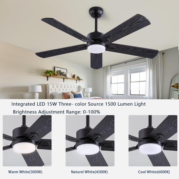 52" Ceiling Fans with Light and Remote,Farmhouse 5 Blades Quiet Reversible DC Motor Ceiling Fans for Modern Indoor/Outdoor/Patio/Living Room/Bedroom(Black/Walnut)