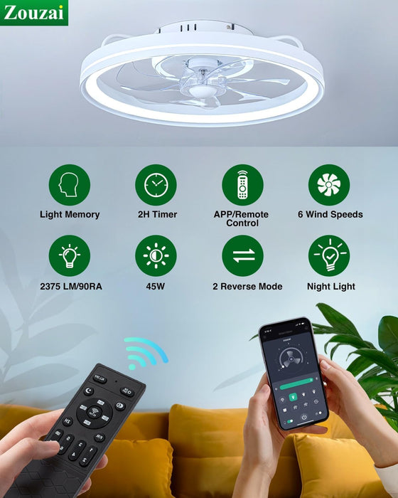 Low Profile Ceiling Fan with Lights and Remote, 20 Inch Modern Ceiling Fans Flush Mount, Dimmable Bladeless LED Fan Light, Ceiling Fans with Lights for Bedroom (White, Frosted Ring)