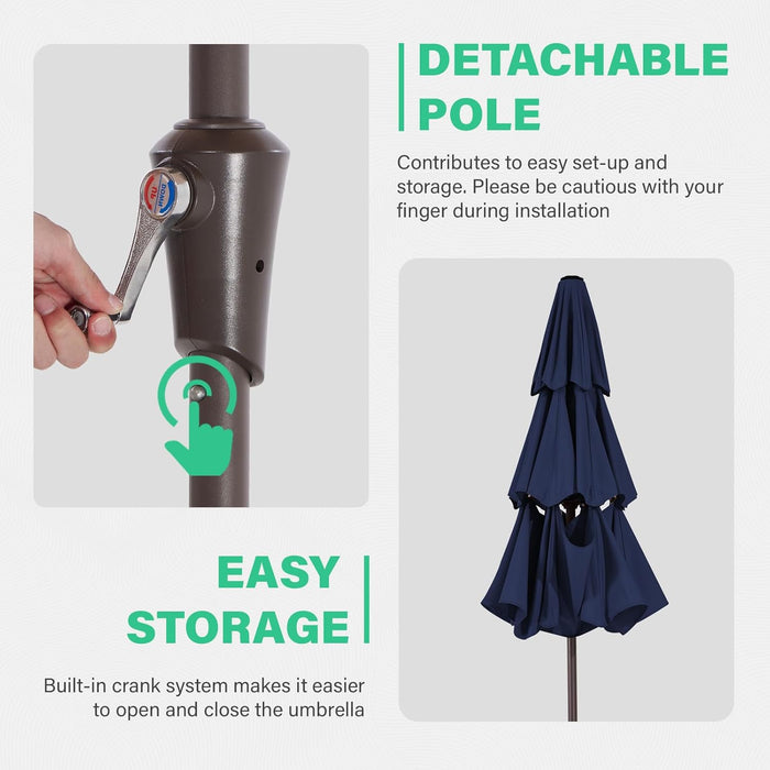 9FT 3 Tier Patio Umbrella Outdoor Market Umbrella Table Umbrellas with 8 Ribs 1.5 Pole Push Button Tilt and Crank UV Protection for Garden,Navy
