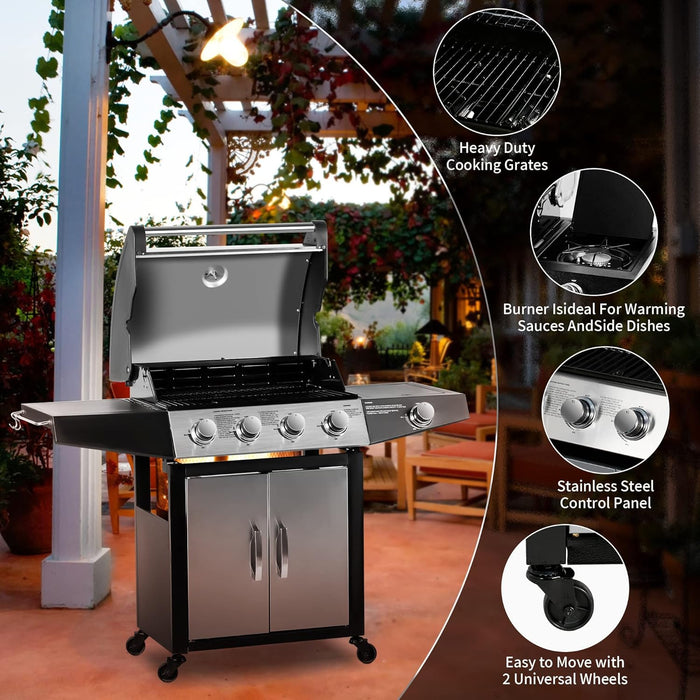 4 Burners Gas Grill, 52,000 BTU Cabinet Grill, Propane Grill, with Side Burner, Built with Stainless Steel, Silver&Black