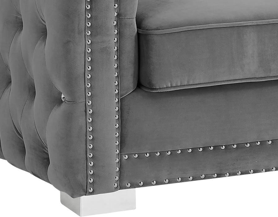 Grey Velvet Loveseat: Button-Tufted, Nailhead Trim, Modern Style