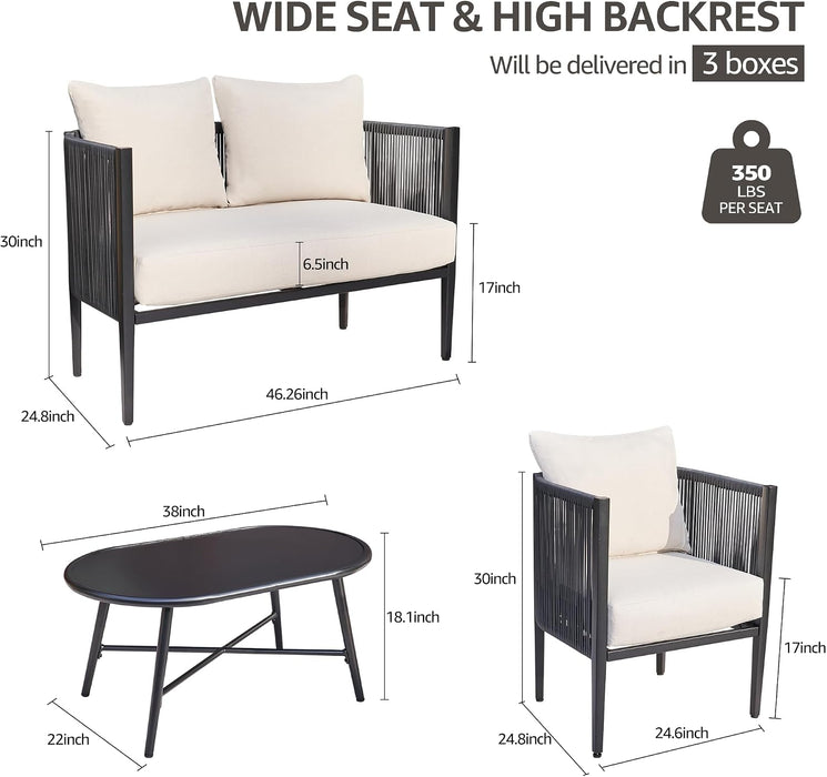 4 Piece Patio Furniture Set, Rattan Side Arm & Back, Semicircular Design