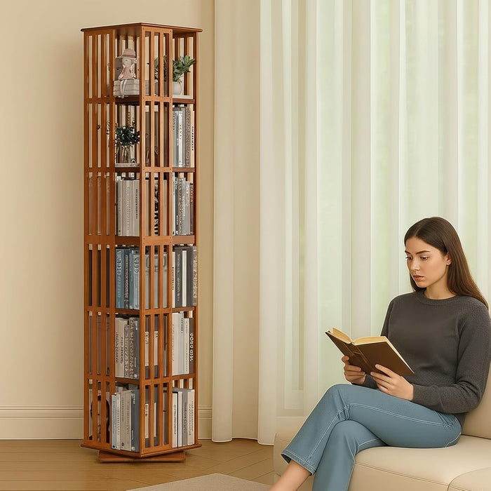 Rotating Bookshelf Tower– 6 Tier 360° Bamboo Spinning Bookshelf | Space-Saving Floor Standing Square Revolving Bookcase for Small Space, Home Offices & Reading Corners | Walnut