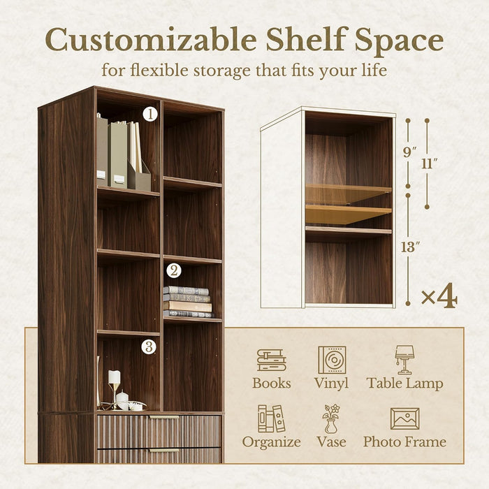 73'' Fluted Bookshelf with Doors and 2 Drawers, Black Walnut