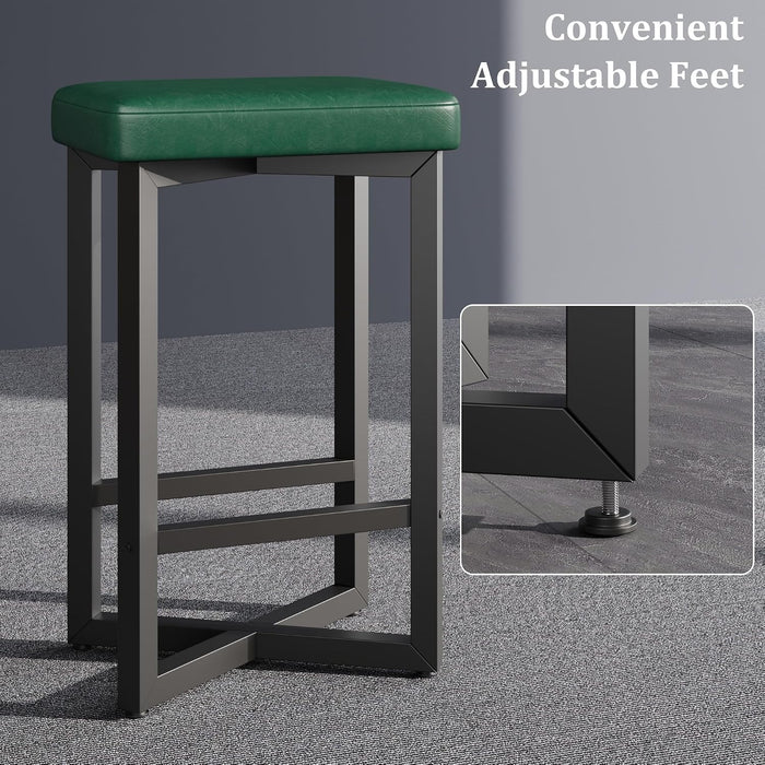 24.6" Bar Stools Set of 4 with PU Leather Upholstered Seats, Green | Counter Height Bar Stools with Metal Frame & Footrest, Modern Backless Kitchen Barstools for Home Bar, Dining Room