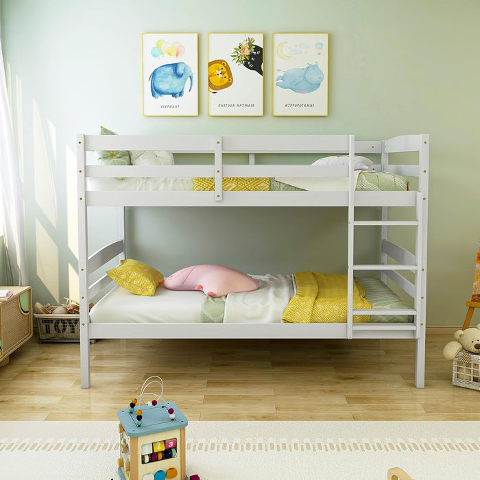 Bunk Bed Twin over Twin, Solid Wood Detachable Bed Frame with High Guardrails & Integrated Ladder, Wooden Slatted Bunk Bed for Kids & Teens, No Box Spring Needed, White