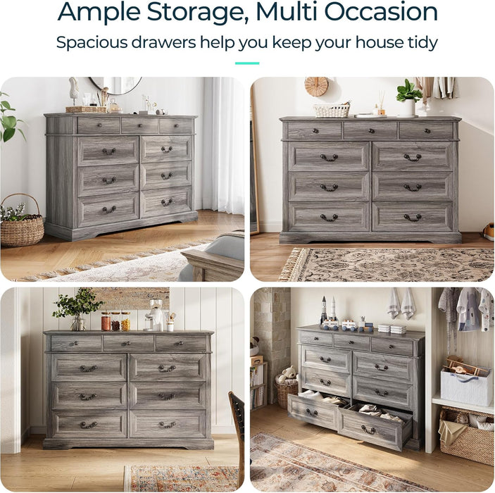 Farmhouse 9-Drawer Dresser - Grey Chest of Drawers for Bedroom and Living Room Organization, Wood Dresser with Ample Storage Space and Rustic Charm, Grey