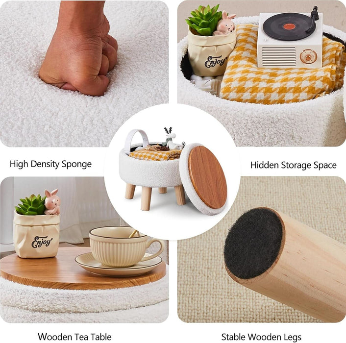 Storage Ottoman, Modern round Footrest with Soft Padded Seat, Teddy Velvet Footstool with Wood Legs, Accent Small Table or Plant Stand for Hallway, Living Room (Cream)