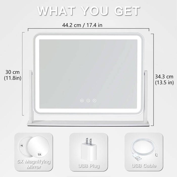 Vanity Mirror with Lights, 13.5" X 17.4" Makeup Mirror with Lights, Three Color Lighting Modes, and 5X Magnification Mirror, Smart Touch Control, 360°Rotation (White,Gift Box)