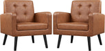 Mid-Century Accent Chairs, PU Leather Modern Upholstered Living Room Chair, Cozy Armchair Button Tufted Back and Wood Legs for Bedroom/Office/Cafe, Retro Brown 2 PCS