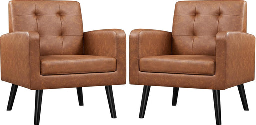 Mid-Century Accent Chairs, PU Leather Modern Upholstered Living Room Chair, Cozy Armchair Button Tufted Back and Wood Legs for Bedroom/Office/Cafe, Retro Brown 2 PCS