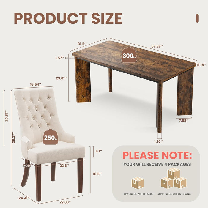 7-Piece Rectangular Dining Table Set for 6, 63" Industrial Kitchen Table with 6 Tufted Parsons Dinner Chairs for Dining Room, Kitchen, Living Room, Brown+Beige