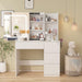 Make up Vanity Desk with Charging Station, Vanity Set with Mirror and Stool and Lights,Dressing Table with 4 Drawers & Storage Shelves,37Inch, White