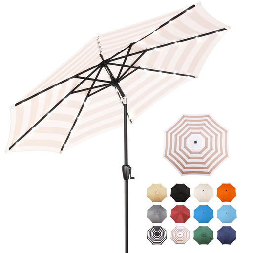 9 FT 32 LED Patio Solar Umbrella W/ Push Button Tilt and Crank Outdoor Umbrella, 8 Sturdy Ribs, UV Protection, Solution-Dyed Fabric, Beige and White Stripe