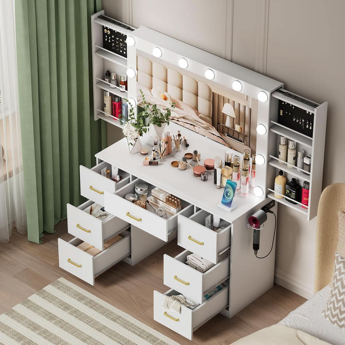 White Makeup Vanity Desk with Lighted Mirror & Power Outlet,3 Color Modes, Brightness Adjustable,Vanity Table with Drawer,Sliding 2 Storage Wall-Mounted Jewelry,4 Shelves for Bedroom