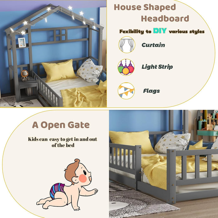 Twin House Bed With Fence Railings GrayFinishPineWood