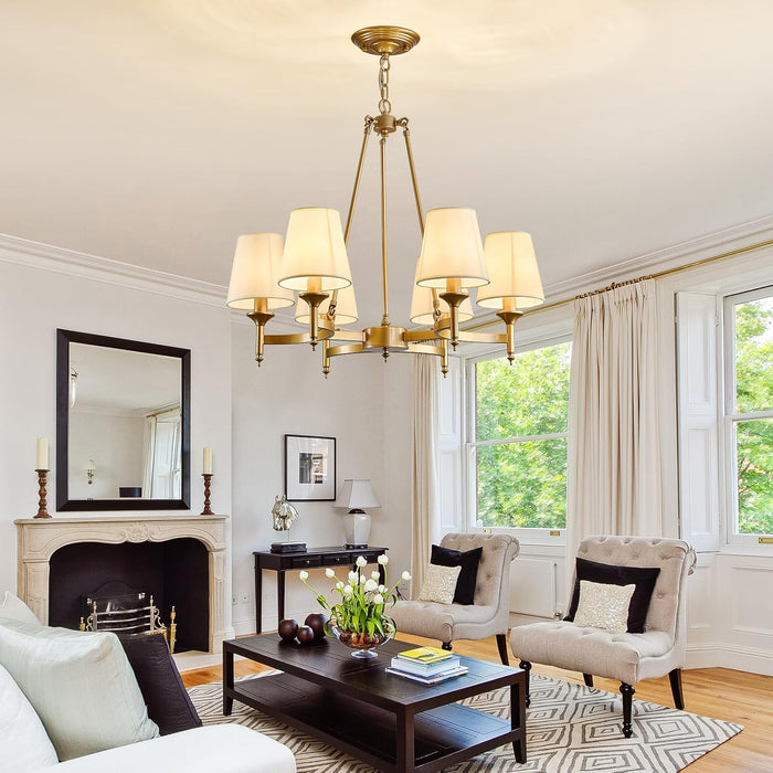 Gold Wagon Wheel Chandelier with White Linen Shade 6-Light Industrial Ceiling Light Fixture 26.8Inch Large Farmhouse Hanging Pendant Light for Dining Living Room Kitchen Bedroom Entryway Foyer